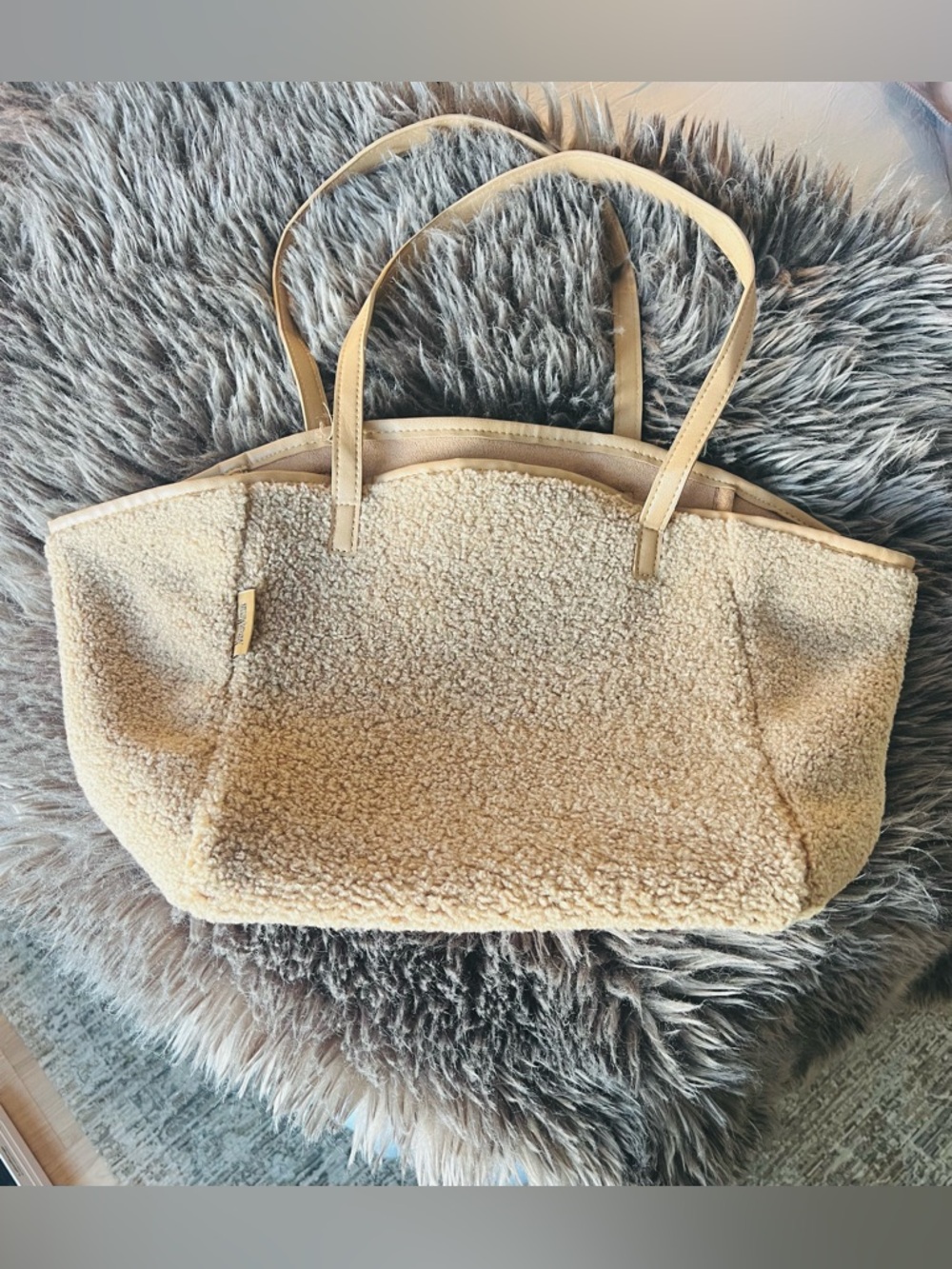 Neiman Marcus Reversible Beige Sherpa Tote Bag - Women's Everyday Shoulder Bag